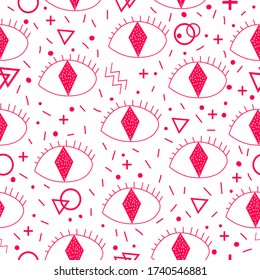 Seamless pattern with red eyes. Doodle style. Red eye. The Memphis style. Vector illustration with psychedelic symbols. Circles, triangles, lines. Psychedelic symbols. Geometrical figure.
