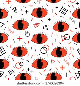 Seamless pattern with red eyes. Geometrical figure. Doodle style. Red eye. Turkish evil eye. Vector illustration with psychedelic symbols. Circles, triangles, lines. Psychedelic symbols. 