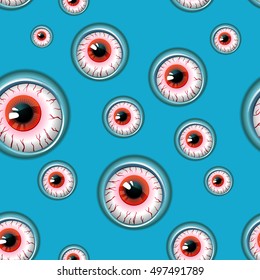 Seamless pattern with red eyes on a blue background. Halloween background. Scary eye pattern for the Hallowe'en party. Vector illustration. Seamless Halloween. Blue background for Halloween.