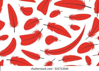 Seamless pattern with red feathers in cartoon style on white background. Vector illustration