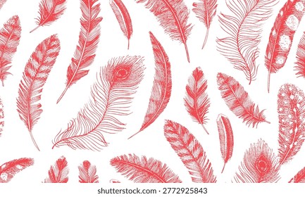 Seamless pattern with red feathers from different wild birds, eagles and owls. Peacock and goose fluffy feather for textile and pillow patterns. Changeable color