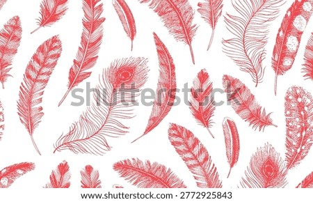Seamless pattern with red feathers from different wild birds, eagles and owls. Peacock and goose fluffy feather for textile and pillow patterns. Changeable color