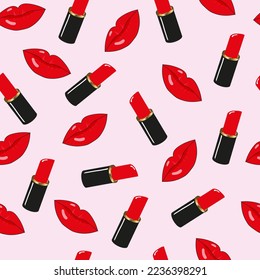 Seamless pattern with red female lips and red lipstick on a soft pink background. Vector fashion illustration