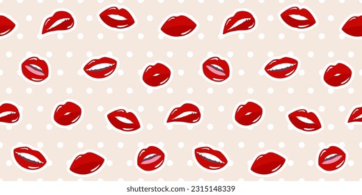 Seamless pattern with red female lips on a beige polka dot background. Pattern of female mouth gestures. Vector illustration in flat style