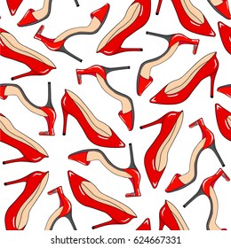 Seamless pattern of red female shoes. Fashion woman background. Hand drawing. Vector illustration.