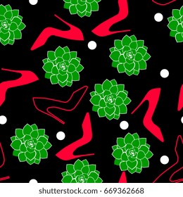 Seamless pattern with red female shoes, green succulents and white polka dots on a black background.