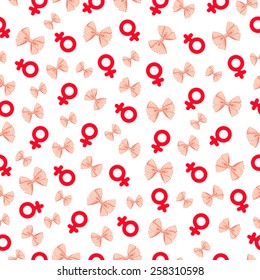 Seamless pattern with red female symbols and red bows on white background