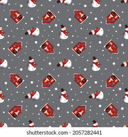 Seamless pattern with red festive Christmas houses and snowman on grey background. Bright print for the New Year and winter holidays for wrapping paper, textiles and design.