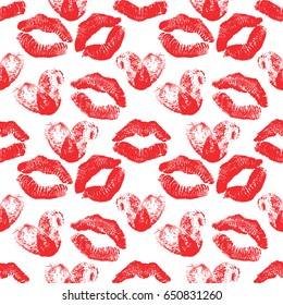 Seamless pattern of red fingerprint hearts and lipstick marks. Romantic pattern for Valentines day or wedding. Vector illustration
