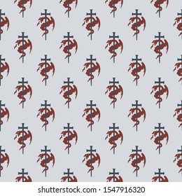 seamless pattern with a red fire-breathing dragon winding around a black cross