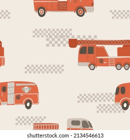 Seamless pattern with red firetruck on white background. Digital background with vector hand drawn elements. Seamless pattern for kids fabric, textile and scrapbook paper.