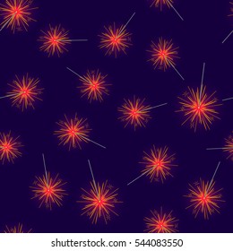 Seamless pattern of red fireworks on dark blue background. Vector illustration of many alike New Year decorations endless texture in flat design. Merry Christmas attributes wallpaper in cartoon style