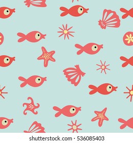 Seamless pattern with red fish, seashells, starfish and pebbles on a mint background.