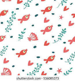 Seamless pattern with red fish, shells, algae and pebbles.