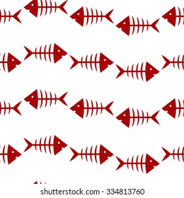 seamless pattern with red fish skeletons on white background
