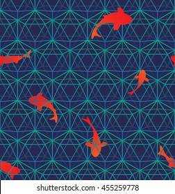 Seamless pattern: red fishes swimming through blue hexagonal net