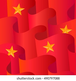 Seamless pattern of red flags and gold stars. The concept of revolution, socialism and communism.