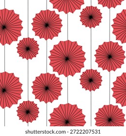 Modelo inconsútil con el papel plano rojo que cuelga los ventiladores abiertos, origami doblado que cuelga en una cuerda. Fondo de Festiva para papel de regalo de invierno, impresiones textiles, Fondo de pantalla o Diseño gráfico de temporada.