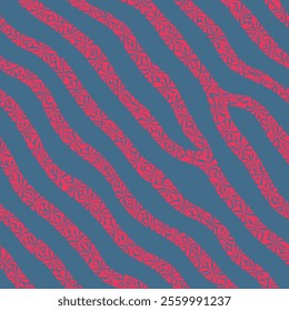 seamless pattern with red flora, blue background