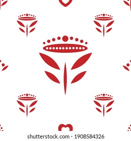 Seamless pattern with red floral motives and hearts. Love ornament on white and transparent backgrounds.
