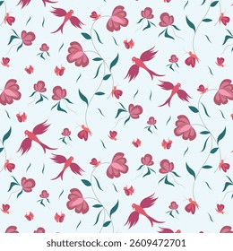 Seamless pattern with red flower, birds, butterfly 