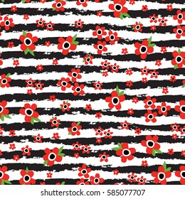 Seamless pattern with red flower & black stripe. Vector floral background.