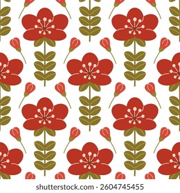  seamless pattern with a red flower and a bud next on a white background.