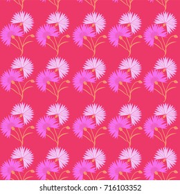 Seamless pattern with red flower cornflower isolated on white background. Cartoon vector centaurea cyanus illustration