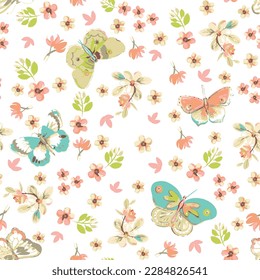 seamless pattern with red flower and multi colour butterfly on white background,  modern design. vector illustration. trendy design