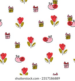 Seamless pattern with red flower,  snail and gift. A vibrant vector floral pattern in bright and cheerful colors, perfect for summer and spring designs.