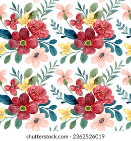 Seamless pattern of red flower with watercolor for background, fabric, textile, fashion, wallpaper, wedding, banner, sticker, decoration etc.