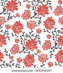 Seamless Pattern with Red flowers In allover print. Ethnic Floral Motif, Handmade Craft Art. Ethnic Design. Fabric Textile, Wrapping Paper. Vector Illustration.