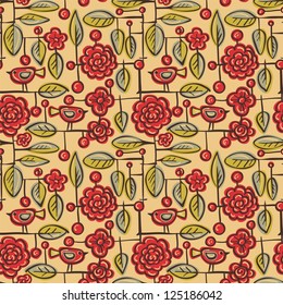 Seamless pattern - red flowers and birds