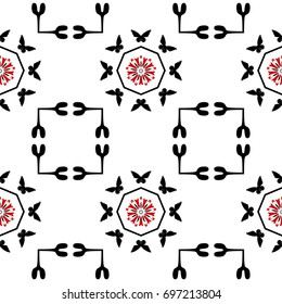 Seamless pattern with red flowers and butterfly silhouette over white background