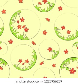 Seamless pattern with red flowers in the circles on yellow background. 