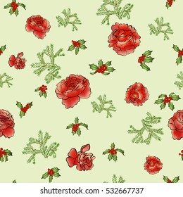 Seamless pattern with red flowers, fir branches and holly berries on the light green background