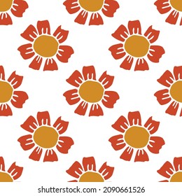 Patrón sin foco con flores rojas. Fondo floral. Flores de camomila aisladas de fondo blanco