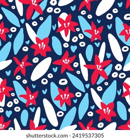 Seamless pattern with red flowers. Floral print for fabric for baby jackets, children's outerwear, women's raincoats, coats, bags, curtains, home textiles, blankets, pillows. Blue flower wallpaper.