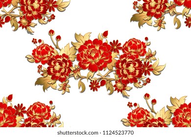 Seamless pattern with red  flowers with golden leaves