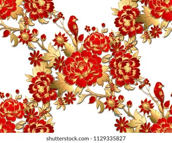 Seamless pattern with red  flowers with golden leaves