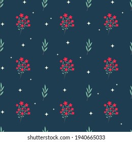 Seamless pattern with red flowers and green on a dark blue background. Summer, minimalistic pattern with flowers and stars. Pattern for wrapping paper, stationery, textiles, backgrounds, websites.