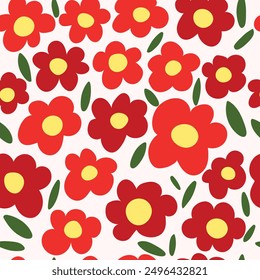Seamless pattern with red flowers and green leaves on white background.Abstract vector texture for textile, fabric, wrapping paper. Flat style natural spring or summer background. Bright colors