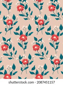 Seamless pattern with red flowers and large leaves in a retro style. Vintage floral pattern with various hand-drawn plants arranged in bouquets. Vector design for various surfaces.
