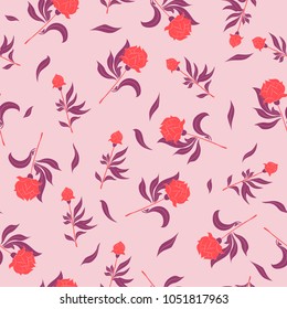 Seamless pattern with red flowers and leaves on pink background. Flower vector illustration