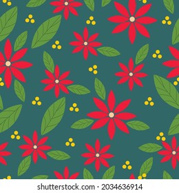Seamless pattern with red flowers and leaves. Suitable for print on all kinds of garments, bags, notebooks.
