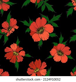 Patrón sin foco con flores rojas y hojas sobre fondo negro