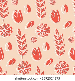 Patrón sin fisuras con flores rojas y hojas sobre fondo beige. Un patrón floral sin fisuras que muestra flores y hojas rojas sobre un fondo beige. Estilo minimalista, perfecto para la decoración, 