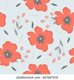 Seamless pattern with red flowers and leaves on a gray background. It can be used for packing of gifts, registration of notebooks, diaries, tiles fabrics backgrounds. Vector illustration.