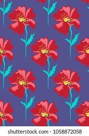 seamless pattern with red flowers on a blue background