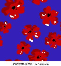 Seamless pattern. Red flowers on a blue background. Vector.